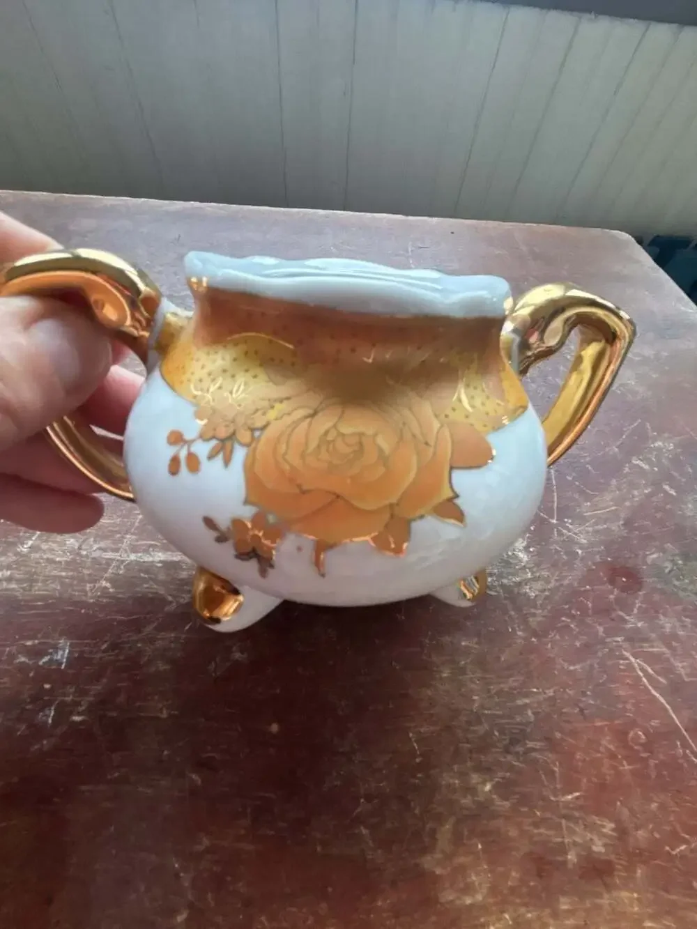Vintage Footed Porcelain Sugar Bowl and Lid with Gold Gilded Rose